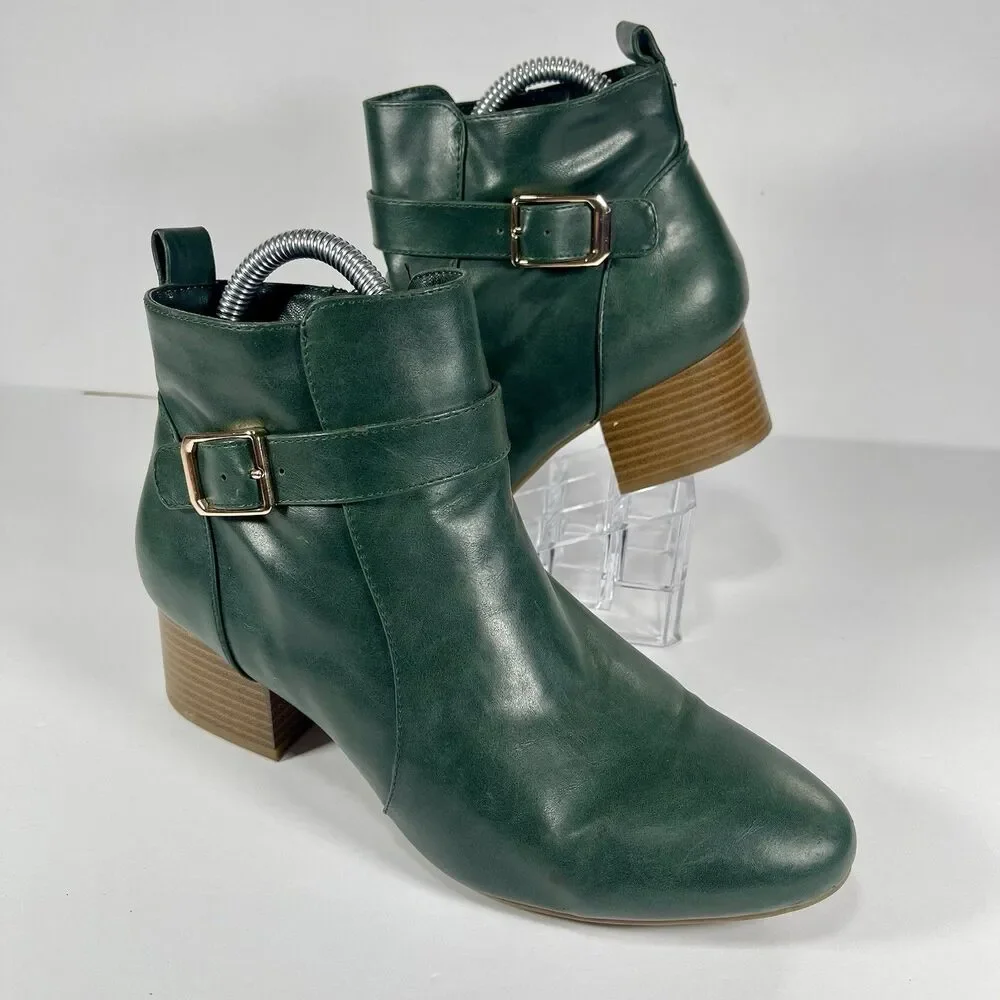 Charter Club Katiaa Green Ankle Boots Size 8.5M Gold Buckle Block Heel